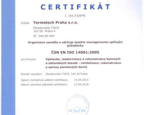 Certifikát EMS 14001 2015-2018